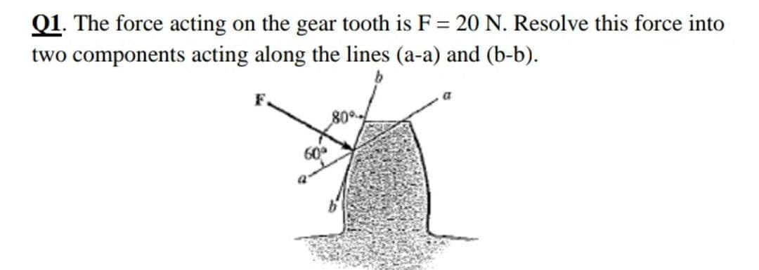 Q1. The force acting on the gear tooth is F = 20 N. Resolve this force into
%3D
two components acting along the lines (a-a) and (b-b).
F.
60
