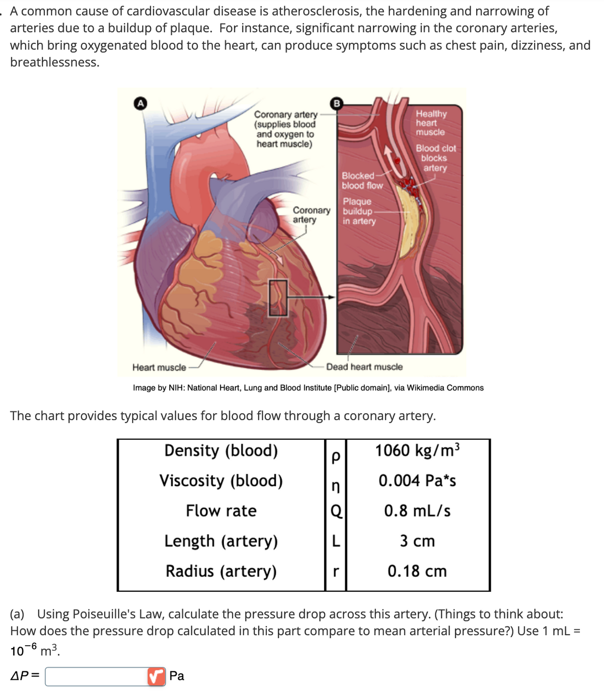 . A common cause of cardiovascular disease is atherosclerosis, the hardening and narrowing of
arteries due to a buildup of plaque. For instance, significant narrowing in the coronary arteries,
which bring oxygenated blood to the heart, can produce symptoms such as chest pain, dizziness, and
breathlessness.
A
Heart muscle
B
Coronary artery
(supplies blood
and oxygen to
heart muscle)
Healthy
heart
muscle
Blood clot
blocks
artery
Blocked-
blood flow
Plaque
Coronary
artery
buildup.
in artery
Dead heart muscle
Image by NIH: National Heart, Lung and Blood Institute [Public domain], via Wikimedia Commons
The chart provides typical values for blood flow through a coronary artery.
Density (blood)
1060 kg/m³
ρ
Viscosity (blood)
0.004 Pa*s
n
Flow rate
0.8 mL/s
Length (artery)
3 cm
Radius (artery)
r
0.18 cm
(a) Using Poiseuille's Law, calculate the pressure drop across this artery. (Things to think about:
How does the pressure drop calculated in this part compare to mean arterial pressure?) Use 1 mL =
10-6 m³.
AP=
Pa