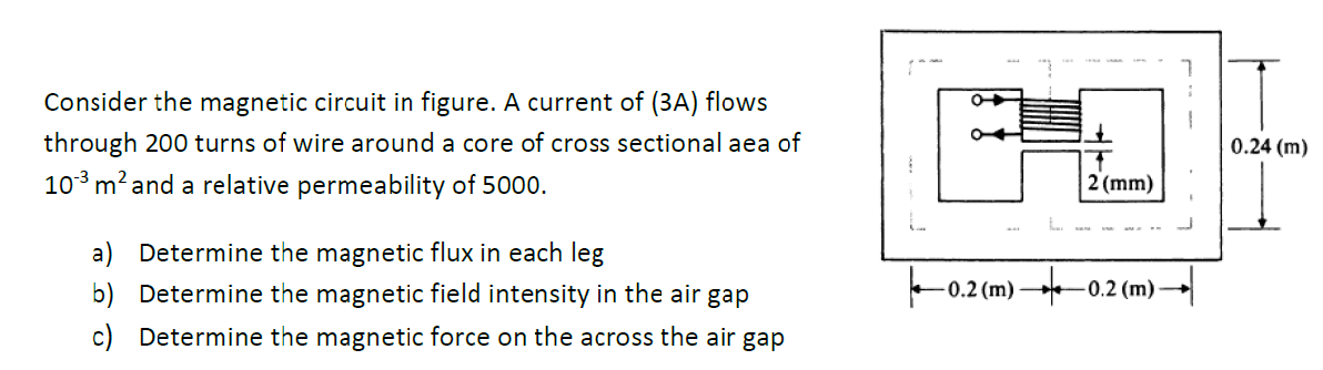 Consider the magnetic circuit in figure.
current of (3A) flows
through 200 turns of wire around a core of cross sectional aea of
0.24 (m)
103 m? and a relative permeability of 5000.
2 (mm)
a) Determine the magnetic flux in each leg
b) Determine the magnetic field intensity in the air gap
-0.2 (m)
0.2 (m)
c) Determine the magnetic force on the across the air gap
