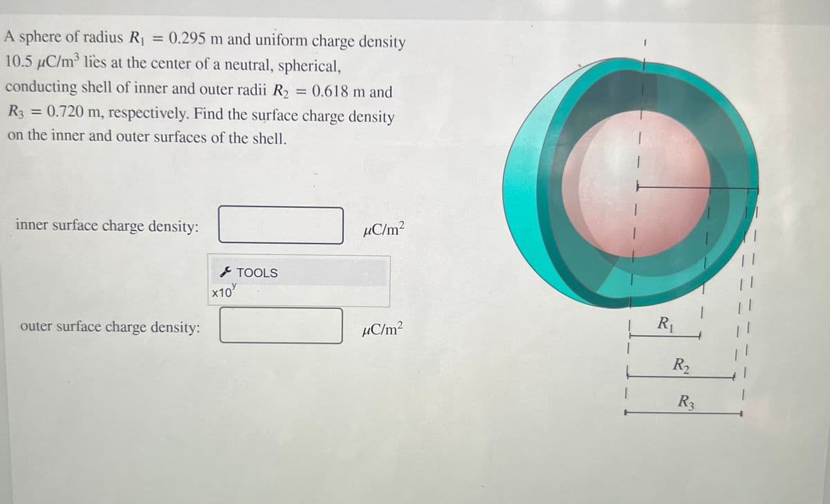 A sphere of radius R1 = 0.295 m and uniform charge density
10.5 µC/m lies at the center of a neutral, spherical,
conducting shell of inner and outer radii R2 = 0.618 m and
R3
0.720 m, respectively. Find the surface charge density
%3D
on the inner and outer surfaces of the shell
inner surface charge density:
µC/m?
* TOOLS
x10
outer surface charge density:
µC/m?
R1
R2
R3
