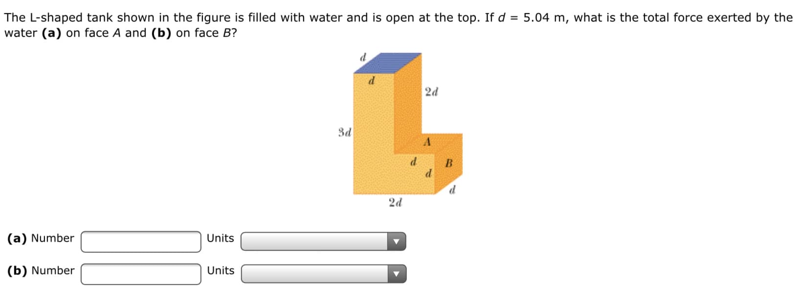 The L-shaped tank shown in the figure is filled with water and is open at the top. If d = 5.04 m, what is the total force exerted by the
water (a) on face A and (b) on face B?
d.
2d
3d
2d
(a) Number
Units
(b) Number
Units
