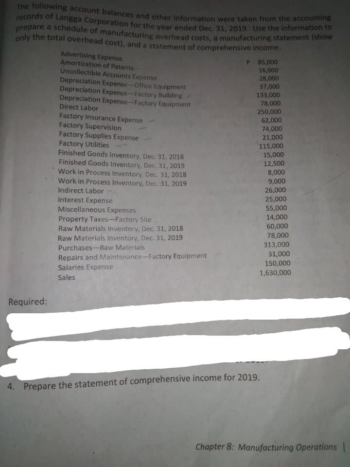 The following account balances and other information were taken from the accounting
records of Langga Corporation for the year ended Dec. 31, 2019. Use the information to
prepare a schedule of manufacturing overhead costs, a manufacturing statement (show
only the total overhead cost), and a statement of comprehensive income.
Advertising Expense
Amortization of Patents
Uncollectible Accounts Expense
P 85,000
16,000
28,000
37,000
133,000
78,000
250,000
62,000
74,000
21,000
Depreciation Expense-Office Equipment
Depreciation Expense-Factory Building
Depreciation Expense-Factory Equipment
Direct Labor
Factory Insurance Expense
Factory Supervision
Factory Supplies Expense
Factory Utilities
Finished Goods Inventory, Dec. 31, 2018
Finished Goods Inventory, Dec. 31, 2019
Work in Process Inventory, Dec. 31, 2018
Work in Process Inventory, Dec. 31, 2019
Indirect Labor
115,000
15,000
12,500
8,000
9,000
26,000
25,000
55,000
14,000
60,000
78,000
313,000
Interest Expense
Miscellaneous Expenses
Property Taxes-Factory Site
Raw Materials Inventory, Dec. 31, 2018
Raw Materials Inventory, Dec. 31, 2019
Purchases-Raw Materials
Repairs and Maintenance-Factory Equipment
Salaries Expense
31,000
150,000
1,630,000
Sales
Required:
4. Prepare the statement of comprehensive income for 2019.
Chapter 8: Manufacturing Operations |
