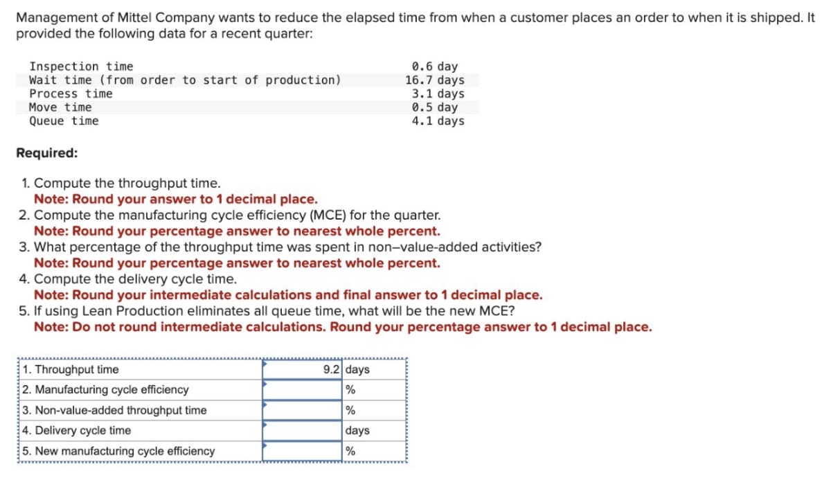 Management of Mittel Company wants to reduce the elapsed time from when a customer places an order to when it is shipped. It
provided the following data for a recent quarter:
Inspection time
Wait time (from order to start of production)
Process time
Move time
Queue time
Required:
1. Compute the throughput time.
Note: Round your answer to 1 decimal place.
0.6 day
16.7 days
3.1 days
0.5 day
4.1 days
2. Compute the manufacturing cycle efficiency (MCE) for the quarter.
Note: Round your percentage answer to nearest whole percent.
3. What percentage of the throughput time was spent in non-value-added activities?
Note: Round your percentage answer to nearest whole percent.
4. Compute the delivery cycle time.
Note: Round your intermediate calculations and final answer to 1 decimal place.
5. If using Lean Production eliminates all queue time, what will be the new MCE?
Note: Do not round intermediate calculations. Round your percentage answer to 1 decimal place.
1. Throughput time
2. Manufacturing cycle efficiency
3. Non-value-added throughput time
4. Delivery cycle time
5. New manufacturing cycle efficiency
9.2 days
%
%
days
%