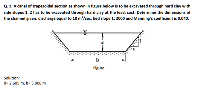 Q. 1: A canal of trapezoidal section as shown in figure below is to be excavated through hard clay with
side slopes 1: 2 has to be excavated through hard clay at the least cost. Determine the dimensions of
the channel given, discharge equal to 10 m/sec, bed slope 1: 2000 and Manning's coefficient is 0.040.
b
Figure
Solution:
d= 2.605 m, b= 3.008 m
