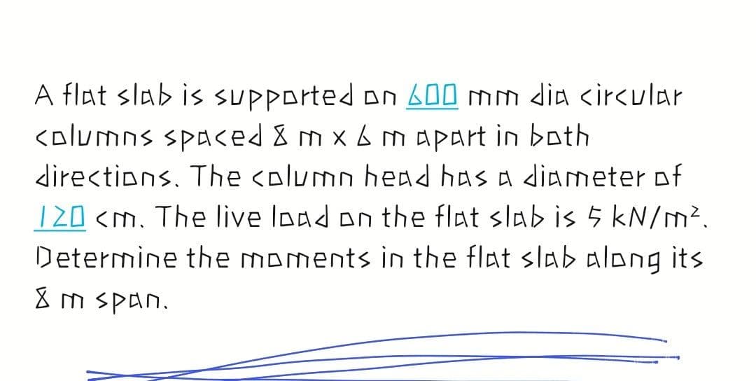 A flat slab is supported on 600 mm dia <ircular
<olumns spaced 8 m x 6 m apart in both
directions. The <olumn head has a diameter of
120 <m. The live load on the flat slab is 5 kN/m².
Determine the moments in the flat slab along its
8m span.
