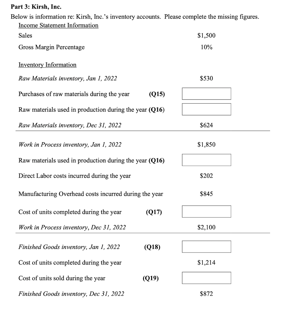 Part 3: Kirsh, Inc.
Below is information re: Kirsh, Inc.'s inventory accounts. Please complete the missing figures.
Income Statement Information
Sales
$1,500
Gross Margin Percentage
10%
Inventory Information
Raw Materials inventory, Jan 1, 2022
$530
Purchases of raw materials during the year
(Q15)
Raw materials used in production during the year (Q16)
Raw Materials inventory, Dec 31, 2022
$624
Work in Process inventory, Jan 1, 2022
$1,850
Raw materials used in production during the year (Q16)
Direct Labor costs incurred during the year
$202
Manufacturing Overhead costs incurred during the
year
$845
Cost of units completed during the
year
(Q17)
Work in Process inventory, Dec 31, 2022
$2,100
Finished Goods inventory, Jan 1, 2022
(Q18)
Cost of units completed during the year
$1,214
Cost of units sold during the year
(Q19)
Finished Goods inventory, Dec 31, 2022
$872

