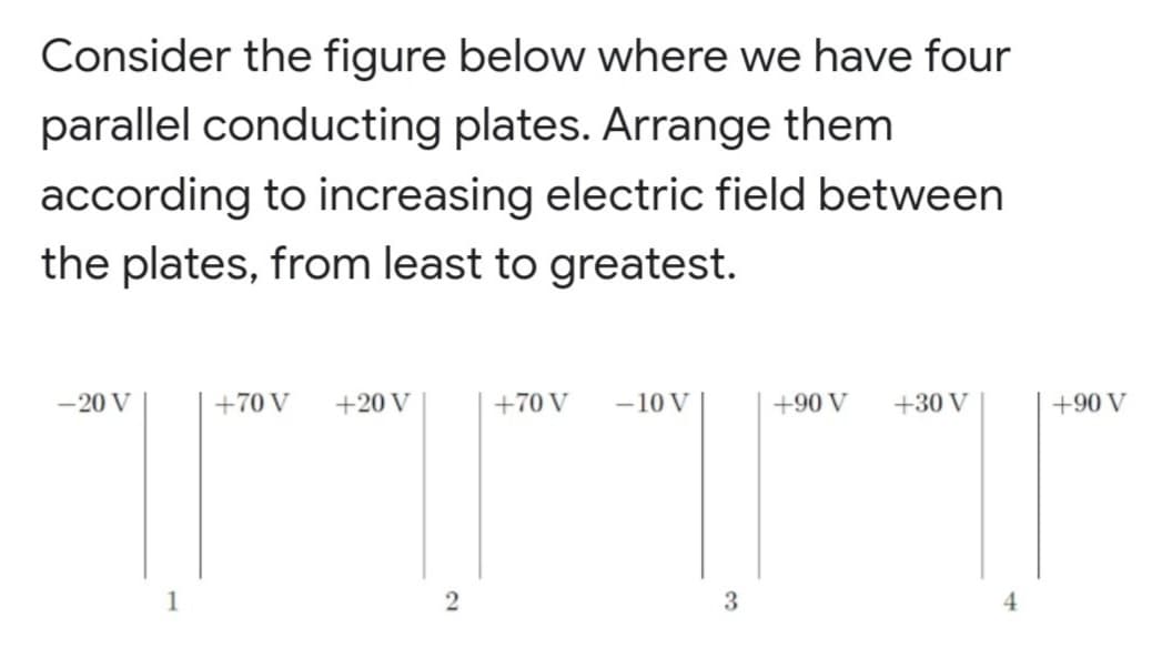 Consider the figure below where we have four
parallel conducting plates. Arrange them
according to increasing electric field between
the plates, from least to greatest.
TTI
-20 V
+70 V
+20 V
+70 V
-10 V
+90 V
+30 V
+90 V
1
4
