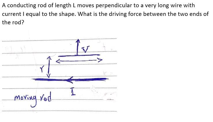A conducting rod of length L moves perpendicular to a very long wire with
current I equal to the shape. What is the driving force between the two ends of
the rod?
Moring Yod
