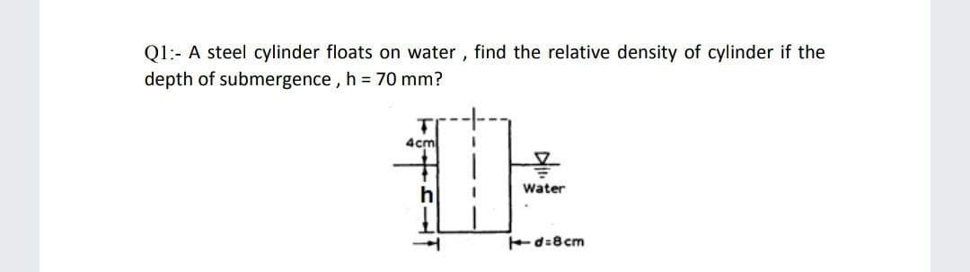 Q1:- A steel cylinder floats on water, find the relative density of cylinder if the
depth of submergence, h = 70 mm?
4cm
Water
Ed:8cm
中
