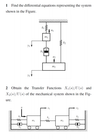1 Find the differential equations representing the system
shown in the Figure.
by
m2
2 Obtain the Transfer Functions X1(s)/U(s) and
X2(s)/U(s) of the mechanical system shown in the Fig-
ure.
k
by
ww
wwE
