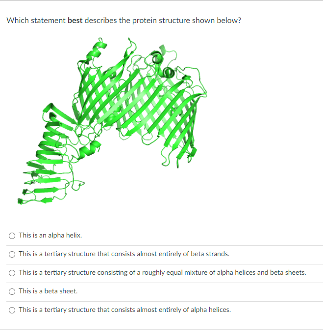 Which statement best describes the protein structure shown below?
This is an alpha helix.
This is a tertiary structure that consists almost entirely of beta strands.
This is a tertiary structure consisting of a roughly equal mixture of alpha helices and beta sheets.
This is a beta sheet.
This is a tertiary structure that consists almost entirely of alpha helices.