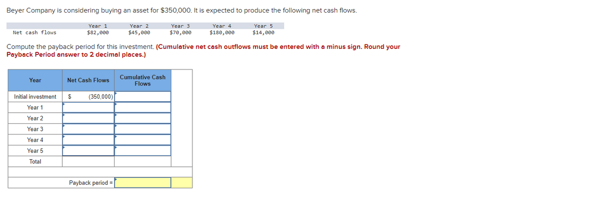 Beyer Company is considering buying an asset for $350,000. It is expected to produce the following net cash flows.
Net cash flows
Year 1
$82,000
Year 2
$45,000
Year 3
$70,000
Year 4
$180,000
Year 5
$14,000
Compute the payback period for this investment. (Cumulative net cash outflows must be entered with a minus sign. Round your
Payback Period answer to 2 decimal places.)
Year
Net Cash Flows
Cumulative Cash
Flows
Initial investment $
(350,000)
Year 1
Year 2
Year 3
Year 4
Year 5
Total
Payback period =