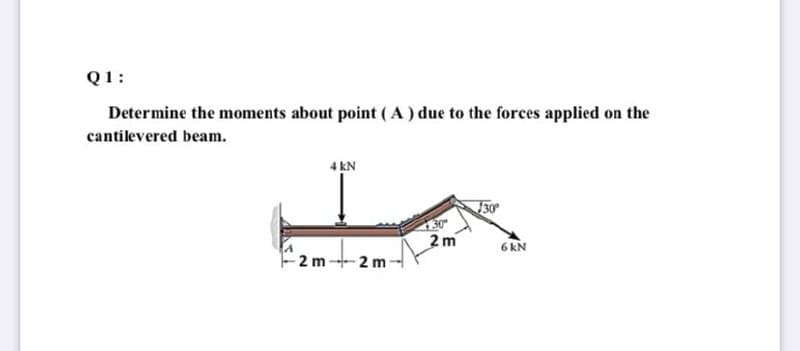 Q1:
Determine the moments about point (A) due to the forces applied on the
cantilevered beam.
4 kN
30
2 m
6 kN
2 m -2 m
