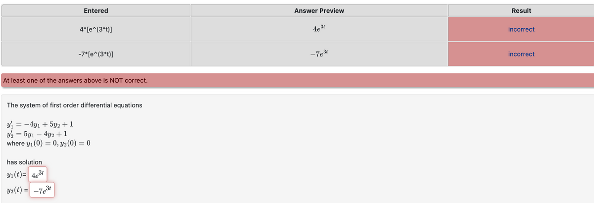 Entered
4*[e^(3*t)]
-7*[e^(3*t)]
At least one of the answers above is NOT correct.
has solution
yı(t)=4e³t
y₂(t) = -7e³t
The system of first order differential equations
y'₁ = −4y1 + 5y2 + 1
y2 = 5y1 - 4y2 +1
where y₁ (0) = 0, y₂ (0) = 0
Answer Preview
4e³t
-7e³t
Result
incorrect
incorrect