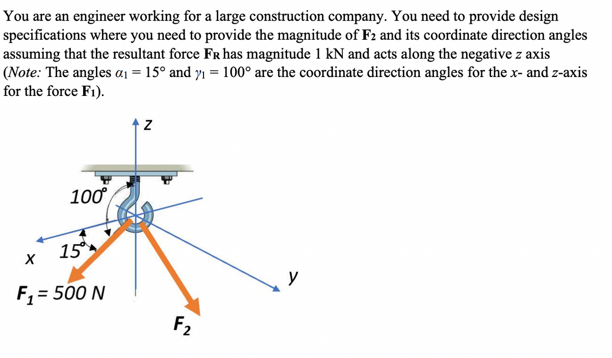 You are an engineer working for a large construction company. You need to provide design
specifications where you need to provide the magnitude of F2 and its coordinate direction angles
assuming that the resultant force Fr has magnitude 1 kN and acts along the negative z axis
(Note: The angles a1 =
for the force F1).
15° and y1 = 100° are the coordinate direction angles for the x- and z-axis
100
15°
y
F, = 500 N
F2
