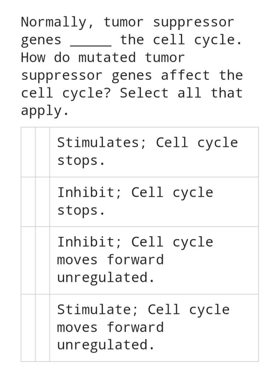 Normally, tumor suppressor
the cell cycle.
genes
How do mutated tumor
suppressor genes affect the
cell cycle? Select all that
apply.
Stimulates; Cell cycle
stops.
Inhibit; Cell cycle.
stops.
Inhibit; Cell cycle.
moves forward
unregulated.
Stimulate; Cell cycle
moves forward
unregulated.