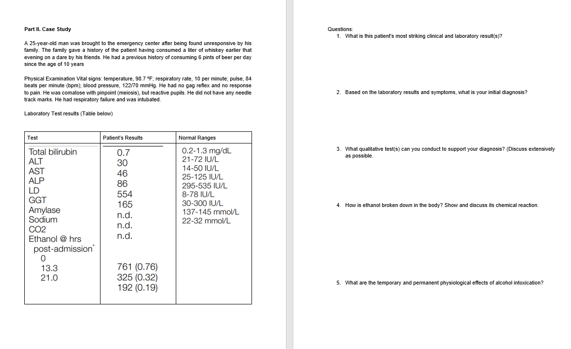 Part II. Case Study
Questions:
1. What is this patient's most striking clinical and laboratory result(s)?
A 25-year-old man was brought to the emergency center after being found unresponsive by his
family. The family gave a history of the patient having consumed a liter of whiskey earlier that
evening on a dare by his friends. He had a previous history of consuming 6 pints of beer per day
since the age of 10 years
Physical Examination Vital signs: temperature, 98.7 °F; respiratory rate, 10 per minute; pulse, 84
beats per minute (bpm); blood pressure, 122/70 mmHg. He had no gag reflex and no response
to pain. He was comatose with pinpoint (meiosis), but reactive pupils. He did not have any needle
track marks. He had respiratory failure and was intubated.
2. Based on the laboratory results and symptoms, what is your initial diagnosis?
Laboratory Test results (Table below)
Test
Patient's Results
Normal Ranges
0.2-1.3 mg/dL
21-72 IU/L
14-50 IU/L
25-125 IU/L
3.
Total bilirubin
ALT
0.7
30
46
What qualitative test(s) can you conduct to support your diagnosis? (Discuss extensively
as possible
AST
ALP
86
554
165
295-535 IU/L
8-78 IU/L
30-300 IU/L
137-145 mmol/L
22-32 mmol/L
LD
GGT
4. How is ethanol broken down in the body? Show and discuss its chemical reaction.
Amylase
Sodium
CO2
Ethanol @ hrs
post-admission
n.d.
n.d.
n.d.
13.3
21.0
761 (0.76)
325 (0.32)
192 (0.19)
5. What are the temporary and permanent physiological effects of alcohol intoxication?
