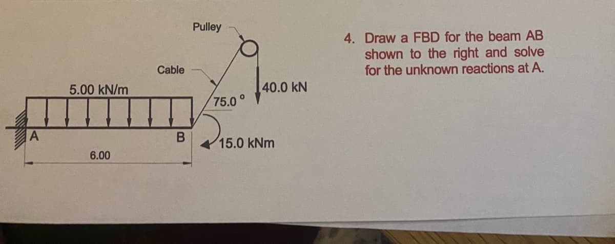 Pulley
4. Draw a FBD for the beam AB
shown to the right and solve
for the unknown reactions at A.
Cable
5.00 kN/m
40.0 kN
75.0°
15.0 kNm
6.00
