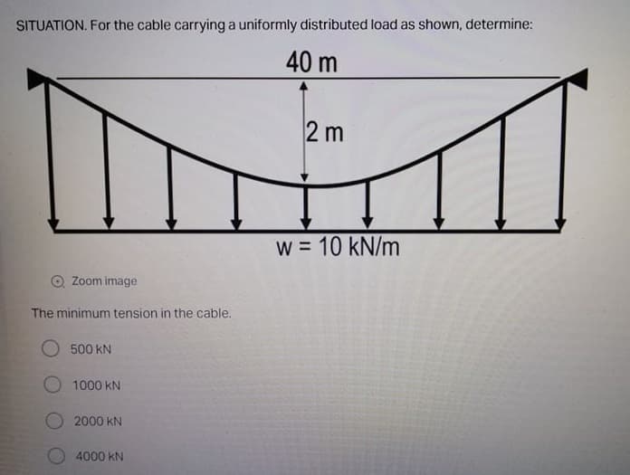 SITUATION. For the cable carrying a uniformly distributed load as shown, determine:
40 m
2 m
w = 10 kN/m
Zoom image
The minimum tension in the cable.
O 500 KN
O 1000 kN
O 2000 KN
4000 kN
