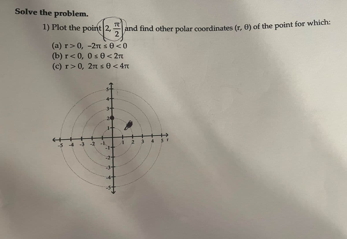 Solve the problem.
1) Plot the point 2,
Te
and find other polar coordinates (r, 0) of the point for which:
(a) r>0, -27 s0<0
(b) r<0, 0 s 0< 2n
(c) r>0, 2T s 0 < 47
4.
3.
2
+
4 5 r
-5 -4 -3 -2
2 3
-2-
