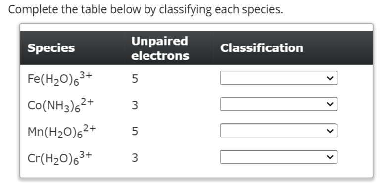 Complete the table below by classifying each species.
Unpaired
electrons
Species
3+
Fe(H₂0)6³+
Co(NH3)6²+
Mn(H₂O)62+
Cr(H₂O)6³+
3+
5
35 3
Classification
>
>