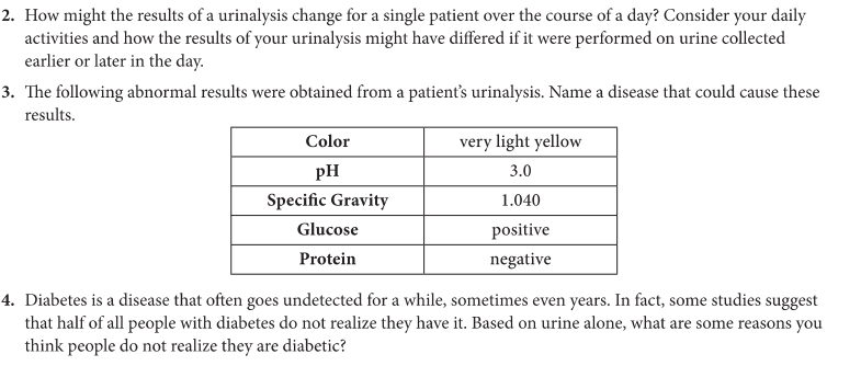 2. How might the results of a urinalysis change for a single patient over the course of a day? Consider your daily
activities and how the results of your urinalysis might have differed if it were performed on urine collected
earlier or later in the day.
3. The following abnormal results were obtained from a patient's urinalysis. Name a disease that could cause these
results.
Color
PH
Specific Gravity
Glucose
Protein
very light yellow
3.0
1.040
positive
negative
4. Diabetes is a disease that often goes undetected for a while, sometimes even years. In fact, some studies suggest
that half of all people with diabetes do not realize they have it. Based on urine alone, what are some reasons you
think people do not realize they are diabetic?