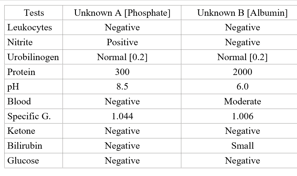 Tests
Leukocytes
Nitrite
Urobilinogen
Protein
pH
Blood
Specific G.
Ketone
Bilirubin
Glucose
Unknown A [Phosphate]
Negative
Positive
Normal [0.2]
300
8.5
Negative
1.044
Negative
Negative
Negative
Unknown B [Albumin]
Negative
Negative
Normal [0.2]
2000
6.0
Moderate
1.006
Negative
Small
Negative