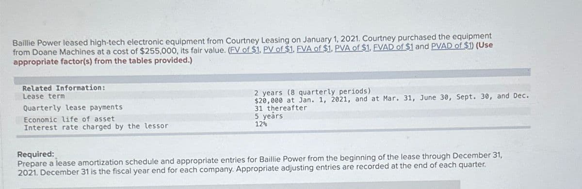 Baillie Power leased high-tech electronic equipment from Courtney Leasing on January 1, 2021. Courtney purchased the equipment
from Doane Machines at a cost of $255,000, its fair value. (FV of $1. PV of $1. EVA of $1, PVA of $1, FVAD of $1 and PVAD of $1) (Use
appropriate factor(s) from the tables provided.)
Related Information:
Lease term
Quarterly lease payments
Economic life of asset
Interest rate charged by the lessor
2 years (8 quarterly periods)
$20,000 at Jan. 1, 2021, and at Mar. 31, June 30, Sept. 30, and Dec.
31 thereafter
5 years
12%
Required:
Prepare a lease amortization schedule and appropriate entries for Baillie Power from the beginning of the lease through December 31,
2021. December 31 is the fiscal year end for each company. Appropriate adjusting entries are recorded at the end of each quarter.