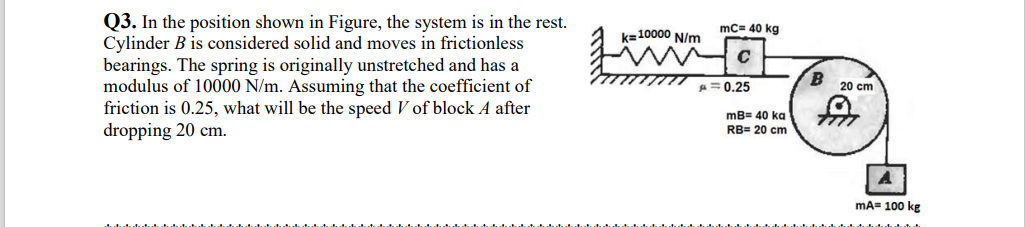 Q3. In the position shown in Figure, the system is in the rest.
Cylinder B is considered solid and moves in frictionless
bearings. The spring is originally unstretched and has a
modulus of 10000 N/m. Assuming that the coefficient of
friction is 0.25, what will be the speed V of block A after
dropping 20 cm.
k=10000 N/m
mc= 40 kg
A=0.25
20 cm
mB= 40 ka
לדלק
RB= 20 cm
mA= 100 kg
