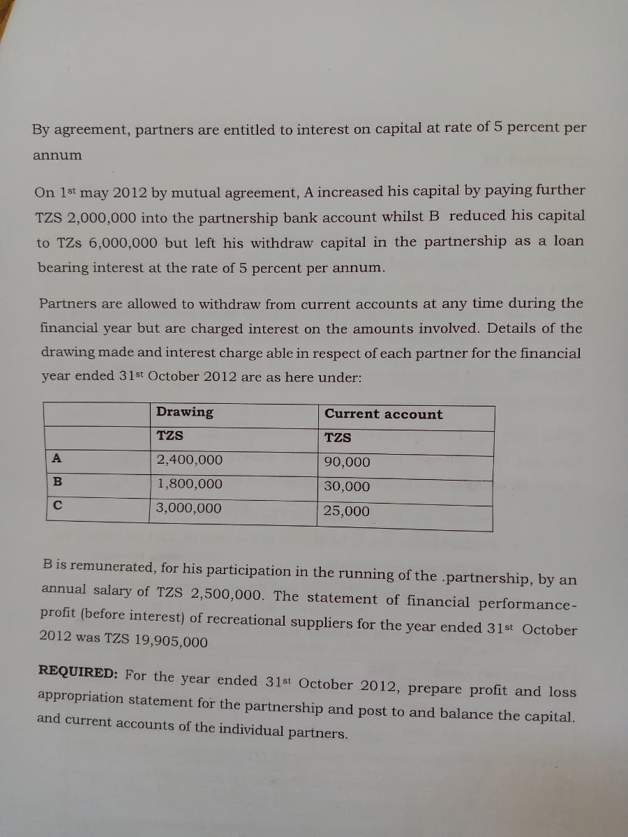 By agreement, partners are entitled to interest on capital at rate of 5 percent per
annum
On 1st may 2012 by mutual agreement, A increased his capital by paying further
TZS 2,000,000 into the partnership bank account whilst B reduced his capital
to TZs 6,000,000 but left his withdraw capital in the partnership as a loan
bearing interest at the rate of 5 percent per annum.
Partners are allowed to withdraw from current accounts at any time during the
financial year but are charged interest on the amounts involved. Details of the
drawing made and interest charge able in respect of each partner for the financial
year ended 31st October 2012 are as here under:
Drawing
Current account
TZS
TZS
A
2,400,000
90,000
B
1,800,000
30,000
3,000,000
25,000
Bis remunerated, for his participation in the running of the .partnership, by an
annual salary of TZS 2,500,000. The statement of financial performance-
profit (before interest) of recreational suppliers for the year ended 31st October
2012 was TZS 19,905,000
REQUIRED: For the year ended 31st October 2012, prepare profit and loss
appropriation statement for the partnership and post to and balance the capital.
and current accounts of the individual partners.
