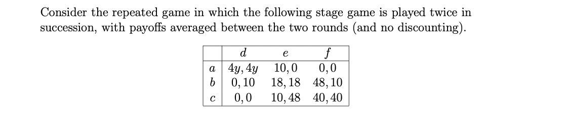 Consider the repeated game in which the following stage game is played twice in
succession, with payoffs averaged between the two rounds (and no discounting).
of
e
а 4у, 4y
0, 10
0,0
0,0
18, 18 48, 10
10, 48 40, 40
10,0
