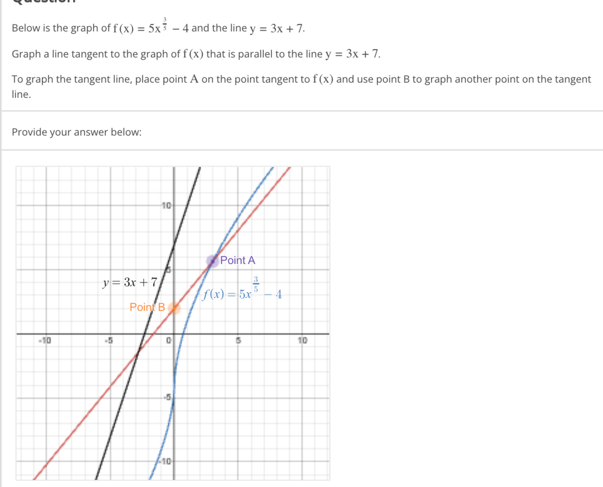 Below is the graph of f (x) = 5x3 - 4 and the line y = 3x + 7.
Graph a line tangent to the graph of f(x) that is parallel to the line y = 3x + 7.
To graph the tangent line, place point A on the point tangent to f(x) and use point B to graph another point on the tangent
line.
Provide your answer below:
-10
y = 3x + 7
-5
10
Point B
0
10
Point A
f(x) = 5x
15
cola
5
4
10