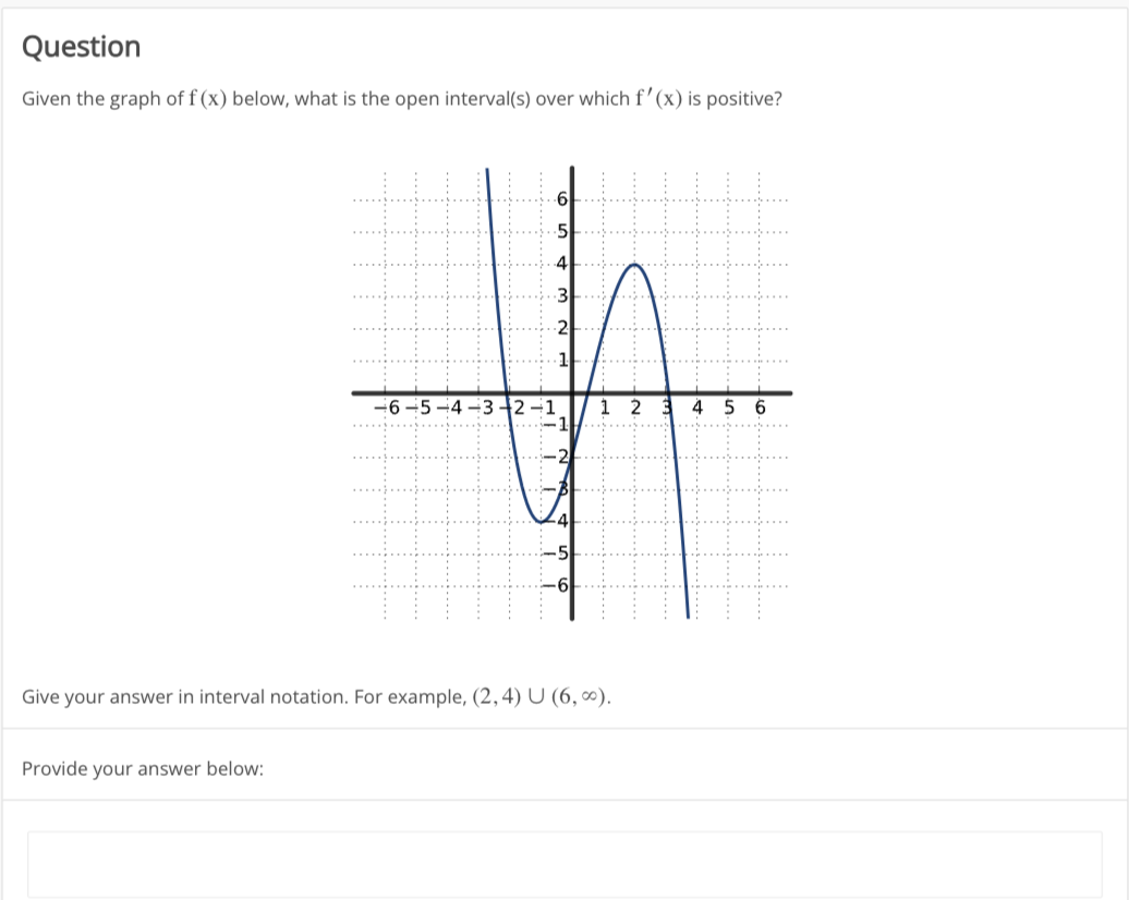 Question
Given the graph of f (x) below, what is the open interval(s) over which f'(x) is positive?
-6-5-4-3-2-
Provide your answer below:
2
Give your answer in interval notation. For example, (2,4) U (6,∞).
2
4 5 6