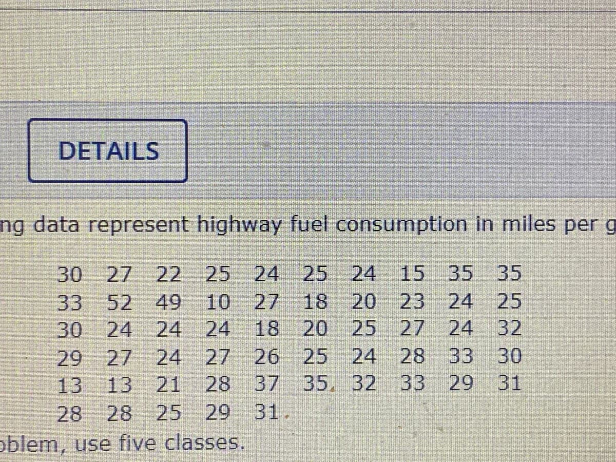 DETAILS
ng data represent highway fuel consumption in miles per g
25 24 25 24
49
30 27 22
15 35 35
33 52
10 27
18 20
23
24
25
30 24
24 24
18 20
25
27 24
32
29
27
24
27 26 25
24
28
33
30
28 37 35, 32
33
29 31
13
28
oblem, use five classes.
13 21
28 25 29
31.
