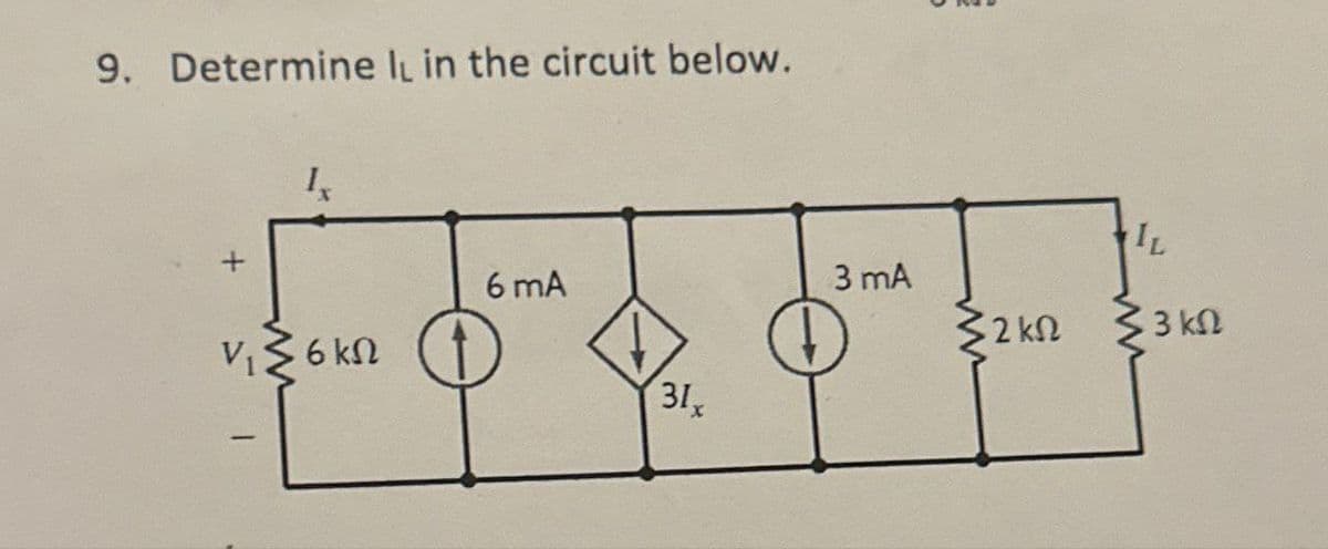 9. Determine li in the circuit below.
+
I
ν. 36ΚΩ
6 mA
31,
3 mA
D
ΣΚΩ
ε
33
3 ΚΩ