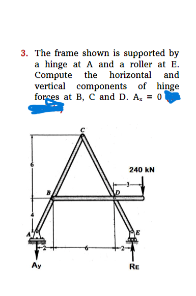 3. The frame shown is supported by
a hinge at A and a roller at E.
Compute the horizontal and
vertical components of hinge
forces at B, C and D. Ax = 01
Ay
240 KN
RE