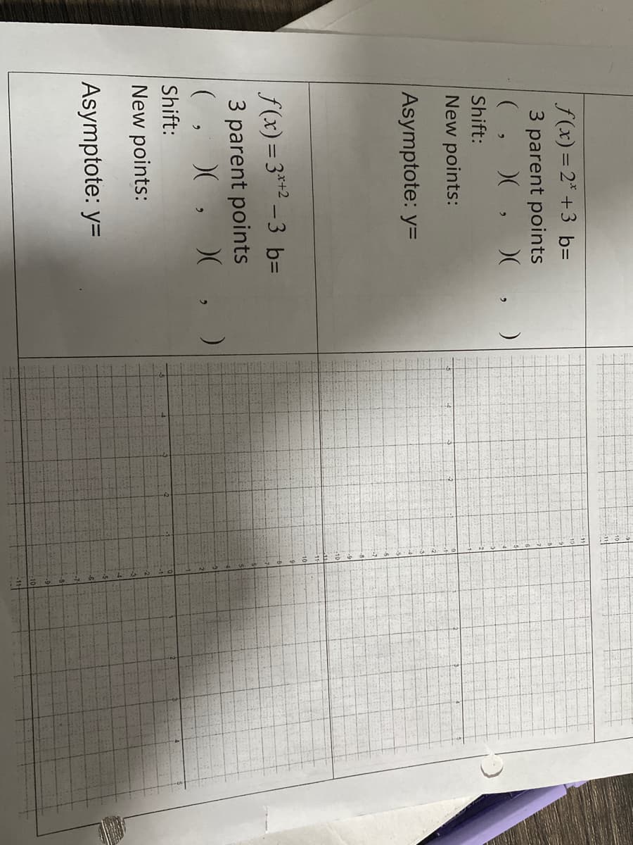 f(x)=2* +3 b=
3 parent points
(, )( )( , )
Shift:
New points:
Asymptote: y=
f(x)=3*+²-3 b=
3 parent points
(, )( )(, )
Shift:
New points:
Asymptote: y=
1936