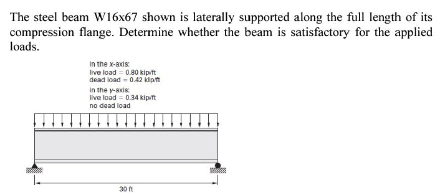 The steel beam W16x67 shown is laterally supported along the full length of its
compression flange. Determine whether the beam is satisfactory for the applied
loads.
in the x-axis:
live load = 0.80 kip/ft
dead load = 0.42 kip/ft
in the y-axis:
live load = 0.34 kip/ft
no dead load
30 ft
