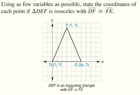 Using as few variables as possible, state the coordinates of
each point if ADEF is isosceles with DF = FE.
y
F (?, ?)
D(?, ?)
E (2a, ?)
DEF is an isosceles triangle
with DF = FE
