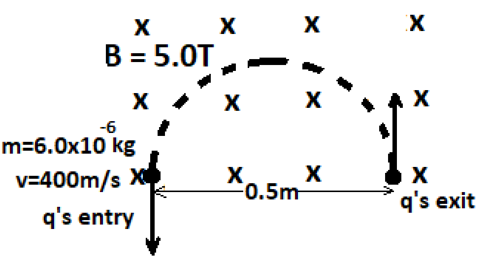 X X
X X
B = 5.0T
X +
-6
m=6.0x10 kg
v=400m/s X
q's entry
X X
X
0.5m
X
X
X
X
q's exit