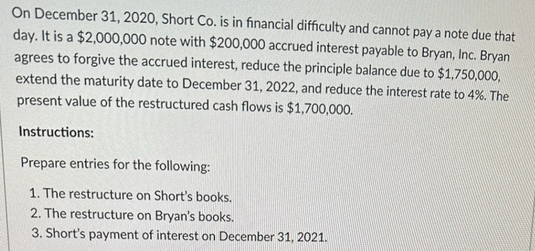 On December 31, 2020, Short Co. is in financial difficulty and cannot pay a note due that
day. It is a $2,000,000 note with $200,000 accrued interest payable to Bryan, Inc. Bryan
agrees to forgive the accrued interest, reduce the principle balance due to $1,750,000,
extend the maturity date to December 31, 2022, and reduce the interest rate to 4%. The
present value of the restructured cash flows is $1,700,000.
Instructions:
Prepare entries for the following:
1. The restructure on Short's books.
2. The restructure on Bryan's books.
3. Short's payment of interest on December 31, 2021.