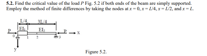 5.2. Find the critical value of the load P Fig. 5.2 if both ends of the beam are simply supported.
Employ the method of finite differences by taking the nodes at x = 0, x=L/4, x=L/2, and x = L.
L/4,
31/4
EI₁
EI₂
→X
Figure 5.2.
