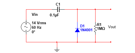 C1
Vin
0.1pF
14 Vrms
60 Hz
0°
R1
:1 ΜΩ
+
D1
1N4001 $1MQ Vout
