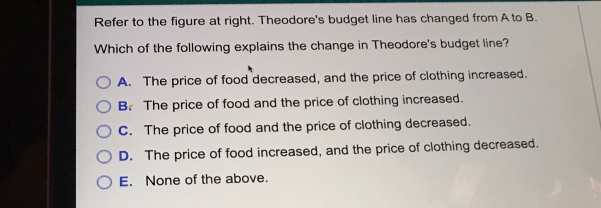 Refer to the figure at right. Theodore's budget line has changed from A to B.
Which of the following explains the change in Theodore's budget line?
A. The price of food decreased, and the price of clothing increased.
B. The price of food and the price of clothing increased.
C. The price of food and the price of clothing decreased.
D. The price of food increased, and the price of clothing decreased.
E. None of the above.
