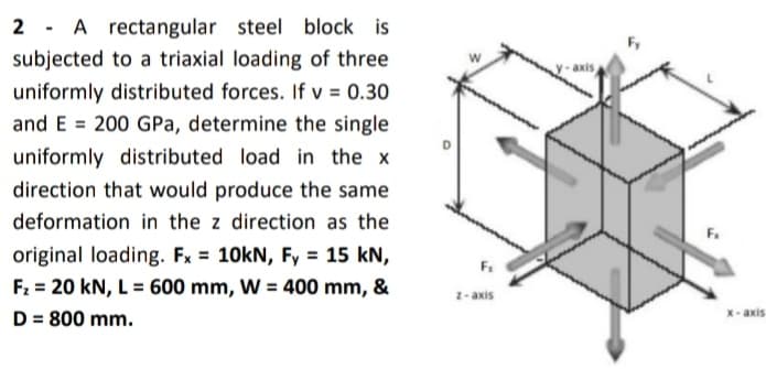 2 - A rectangular steel block is
subjected to a triaxial loading of three
uniformly distributed forces. If v = 0.30
and E = 200 GPa, determine the single
uniformly distributed load in the x
direction that would produce the same
deformation in the z direction as the
original loading. Fx = 10kN, Fy = 15 kN,
F.
F2 = 20 kN, L = 600 mm, W = 400 mm, &
2- axis
D = 800 mm.
X-axis
