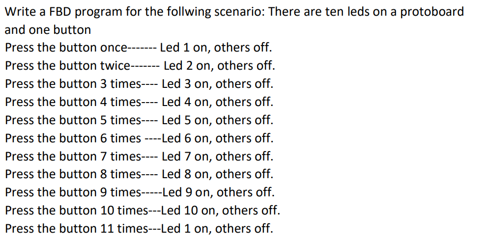 Write a FBD program for the follwing scenario: There are ten leds on a protoboard
and one button
Press the button once------- Led 1 on, others off.
Press the button twice------- Led 2 on, others off.
Press the button 3 times---- Led 3 on, others off.
Press the button 4 times---- Led 4 on, others off.
Press the button 5 times---- Led 5 on, others off.
Press the button 6 times ----Led 6 on, others off.
Press the button 7 times---- Led 7 on, others off.
Press the button 8 times---- Led 8 on, others off.
Press the button 9 times-----Led 9 on, others off.
Press the button 10 times---Led 10 on, others off.
Press the button 11 times---Led 1 on, others off.