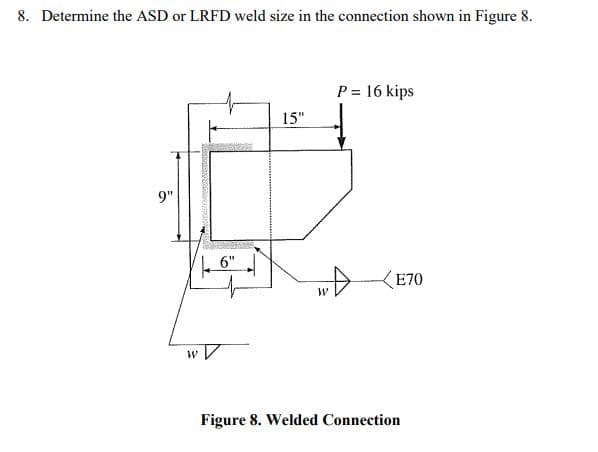 8. Determine the ASD or LRFD weld size in the connection shown in Figure 8.
P = 16 kips
15"
9"
6"
„DKE70
Figure 8. Welded Connection
