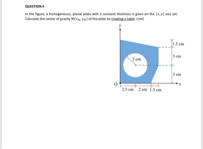 QUESTION 4
In the figure, a homogeneous, planar plate with a constant thickness is given on the (x, y) axis set.
Calculate the center of gravity M(XM. YM) of the plate by creating a table. (cm)
2 cm
2.5 cm 2 cm 1.5 cm
T1.5 cm
3 cm
3 cm