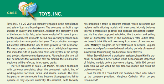 CASE
TOYS, INC.
Toys, Inc., is a 20-year-old company engaged in the manufacture
and sale of toys and board games. The company has built a rep-
utation on quality and innovation. Although the company is one
of the leaders in its field, sales have leveled off in recent years.
For the most recent six-month period, sales actually declined com-
pared with the same period last year. The production manager,
Ed Murphy, attributed the lack of sales growth to "the economy."
He was prompted to undertake a number of belt-tightening moves
that included cuts in production costs and layoffs in the design
and product development departments. Although profits are still
flat, he believes that within the next six months, the results of his
decisions will be reflected in increased profits.
The vice president of sales, Joe Martin, has been concerned
with customer complaints about the company's realistic line of
working-model factories, farms, and service stations. The mov-
ing parts on certain models have become disengaged and fail to
operate or they operate erratically. His assistant, Keith McNally,
has proposed a trade-in program through which customers can
replace malfunctioning models with new ones. McNally believes
this will demonstrate goodwill and appease dissatisfied custom-
ers. He has also proposed rebuilding the trade-ins and selling
them at discounted prices in the company's retail outlet store.
He doesn't think this will take away from sales of new models.
Under McNally's program, no new staff would be needed. Regular
workers would perform needed repairs during periods of seasonal
slowdowns, thus keeping production at current levels.
When Steve Bukowski, a production assistant, heard Keith's pro-
posal, he said that a better option would be to increase inspection
of finished models before they were shipped. "With 100 percent
inspection, we can weed out any defective models and avoid the
problem entirely."
Take the role of a consultant who has been called in for advice
by the company president, Marybeth Corbella. What do you
recommend?