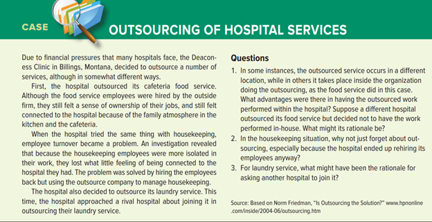 CASE
OUTSOURCING OF HOSPITAL SERVICES
Due to financial pressures that many hospitals face, the Deacon-
ess Clinic in Billings, Montana, decided to outsource a number of
services, although in somewhat different ways.
First, the hospital outsourced its cafeteria food service.
Although the food service employees were hired by the outside
firm, they still felt a sense of ownership of their jobs, and still felt
connected to the hospital because of the family atmosphere in the
kitchen and the cafeteria.
When the hospital tried the same thing with housekeeping,
employee turnover became a problem. An investigation revealed
that because the housekeeping employees were more isolated in
their work, they lost what little feeling of being connected to the
hospital they had. The problem was solved by hiring the employees
back but using the outsource company to manage housekeeping.
The hospital also decided to outsource its laundry service. This
time, the hospital approached a rival hospital about joining it in
outsourcing their laundry service.
Questions
1. In some instances, the outsourced service occurs in a different
location, while in others it takes place inside the organization
doing the outsourcing, as the food service did in this case.
What advantages were there in having the outsourced work
performed within the hospital? Suppose a different hospital
outsourced its food service but decided not to have the work
performed in-house. What might its rationale be?
2. In the housekeeping situation, why not just forget about out-
sourcing, especially because the hospital ended up rehiring its
employees anyway?
3. For laundry service, what might have been the rationale for
asking another hospital to join it?
Source: Based on Norm Friedman, "Is Outsourcing the Solution?" www.hpnonline
.com/inside/2004-06/outsourcing.htm